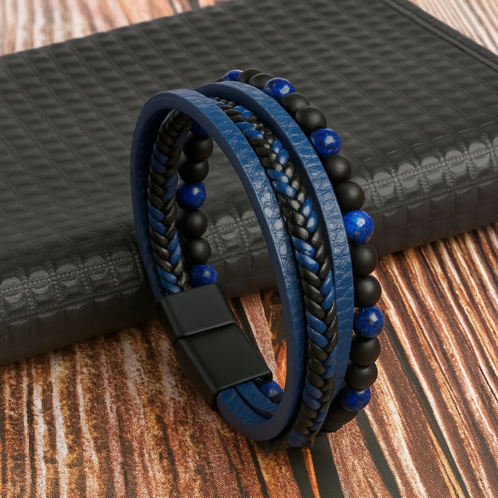 Herenarmband van gelaagd leer en stenen kralen