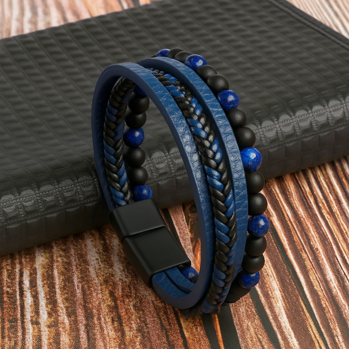 Herenarmband van gelaagd leer en stenen kralen