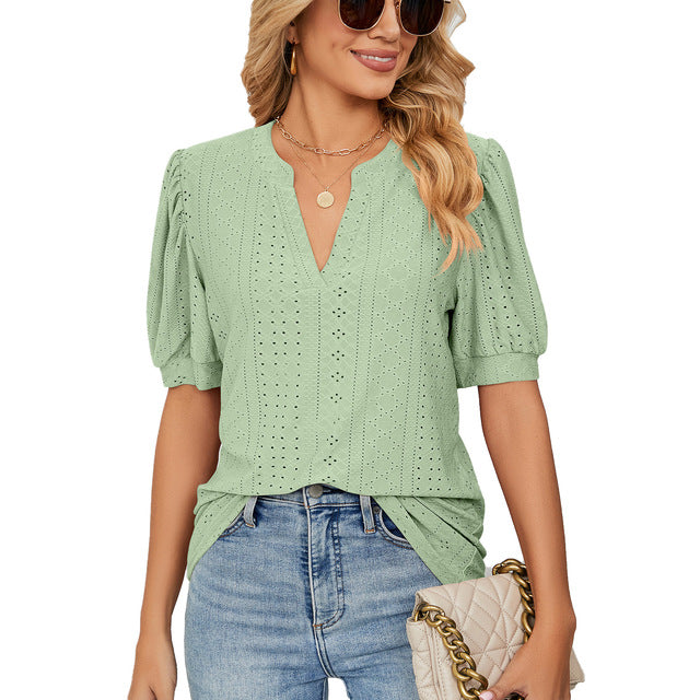 losse blouse met v-hals en gepofte mouwen chique elegant comfortabel zomerblouse dames vrouwen shirt korte mouwen oversized pasvorm luchtig