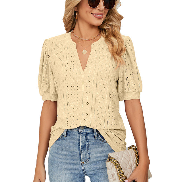 losse blouse met v-hals en gepofte mouwen chique elegant comfortabel zomerblouse dames vrouwen shirt korte mouwen oversized pasvorm luchtig