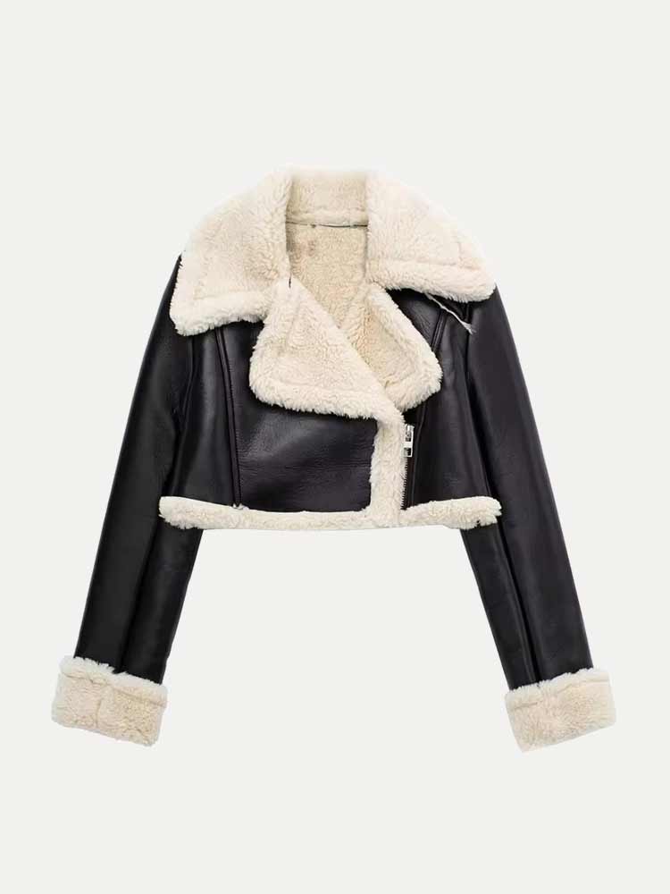 Jasmyn - Cropped Leren Faux Fur Winterjas Voor Dames