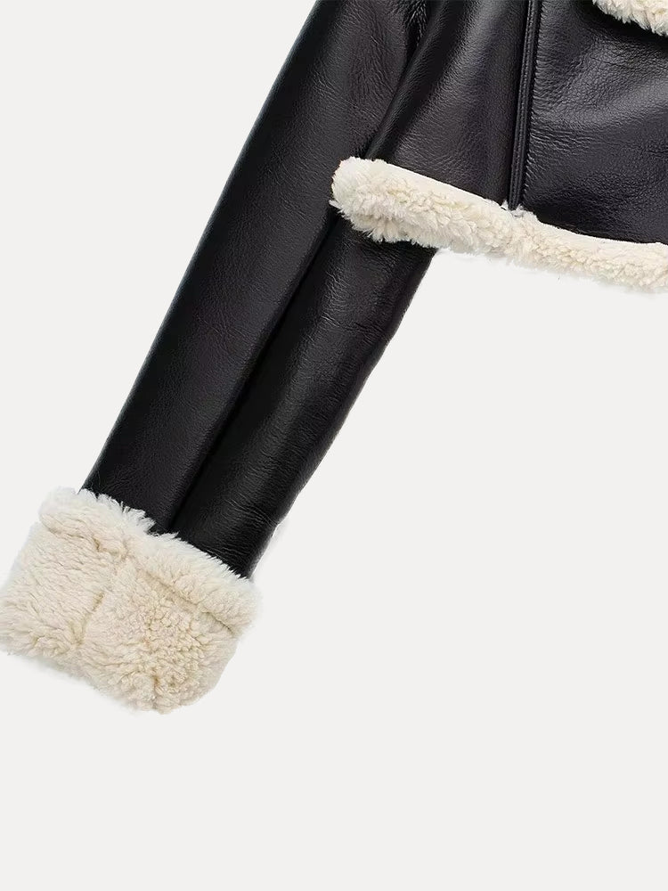 Jasmyn - Cropped Leren Faux Fur Winterjas Voor Dames