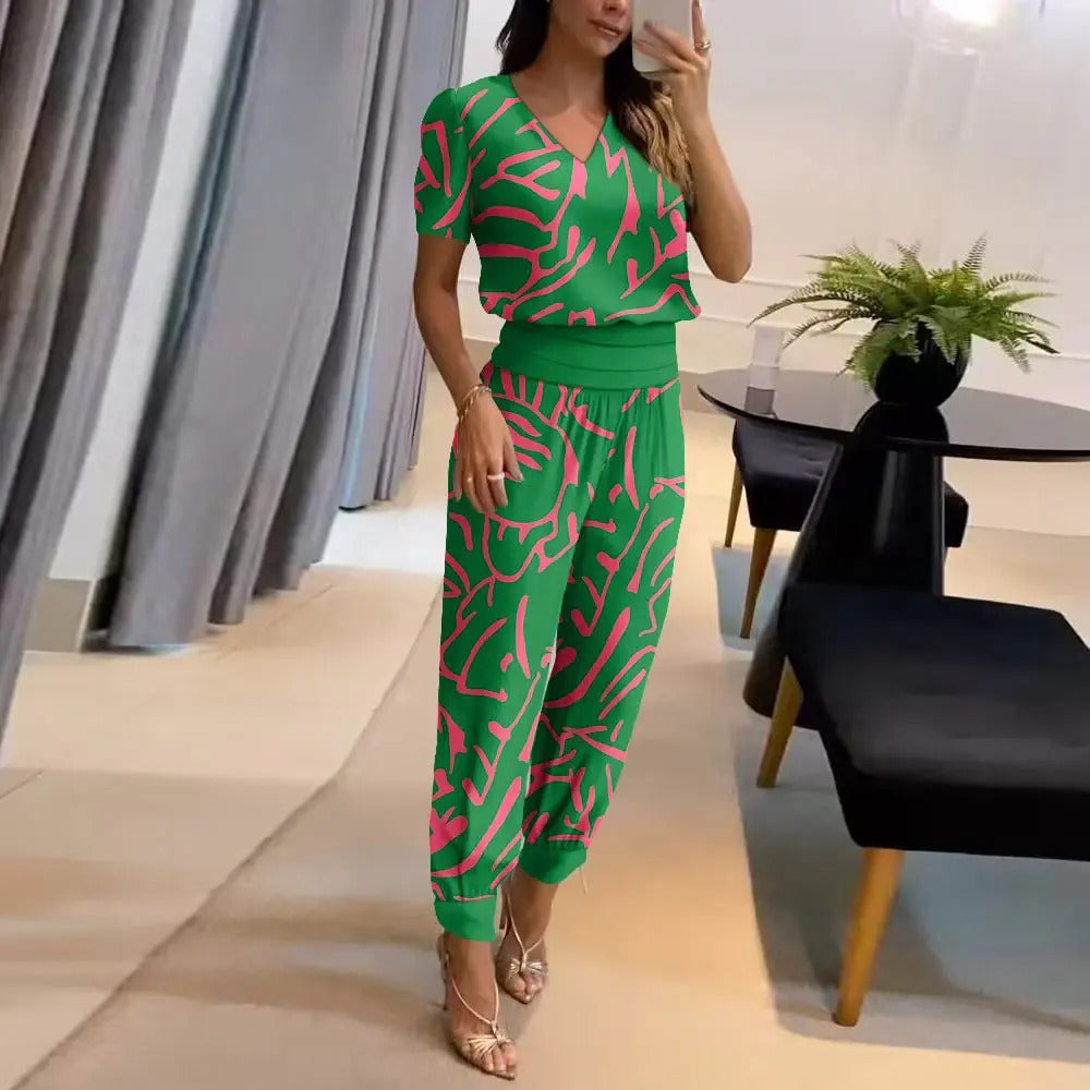 Model Draagt wijde jumpsuit/2-delige set met korte mouwen dames Comfortabel dameskleding groen roze