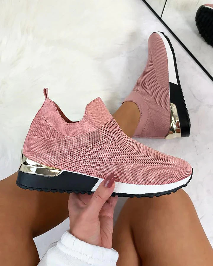 orthopedische dames sneakers instappers slip-on model zonder veter met hoge hak casual comfortabel met glimmend detail op de hak roze