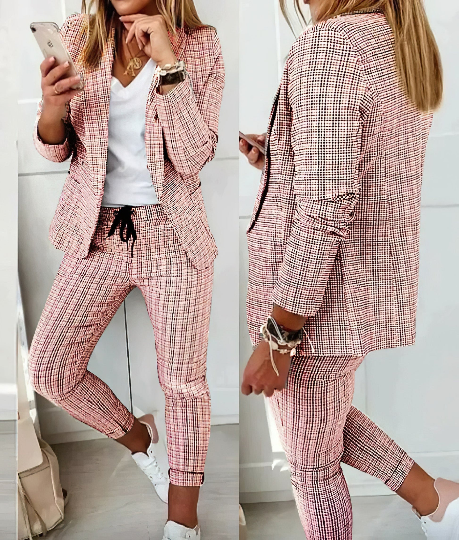 model draagt tweedelige geruite blazer set damespak zakelijke set business suit vrouwenpak met stretch en casual