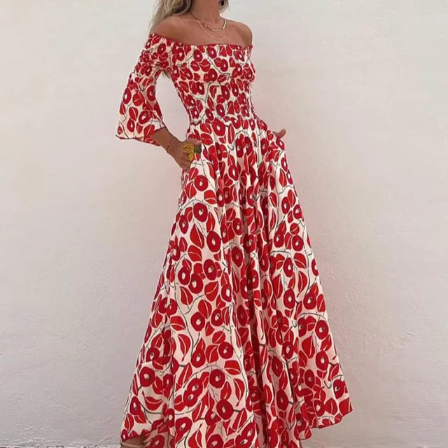 Deze prachtige maxi jurk combineert een verleidelijke off-shoulder stijl met een levendige bloemenprint, perfect voor zomerse dagen en avonden.