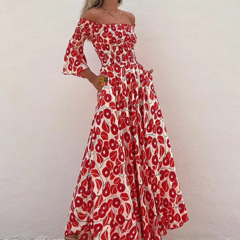 Deze prachtige maxi jurk combineert een verleidelijke off-shoulder stijl met een levendige bloemenprint, perfect voor zomerse dagen en avonden.