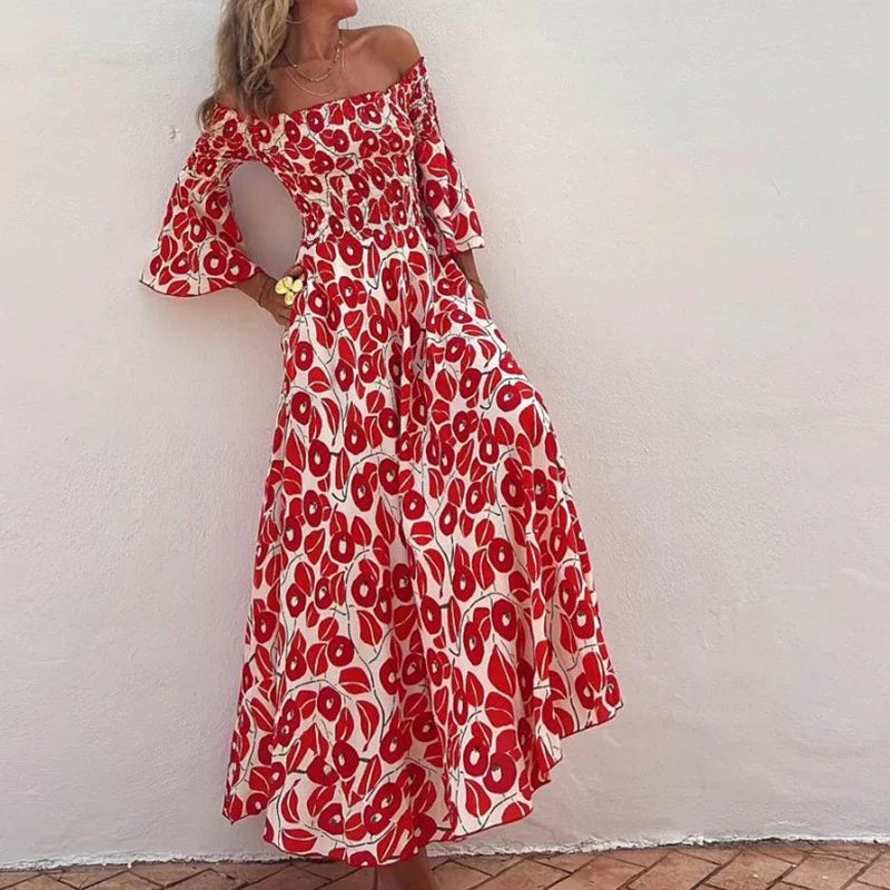 Deze prachtige maxi jurk combineert een verleidelijke off-shoulder stijl met een levendige bloemenprint, perfect voor zomerse dagen en avonden.