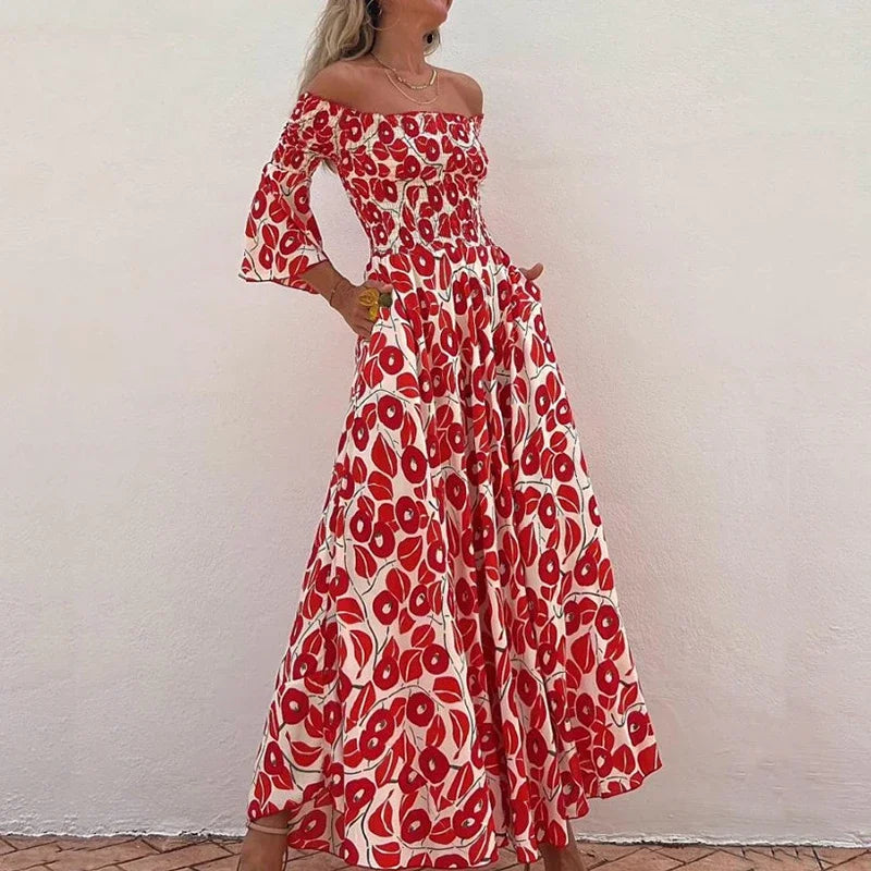 Deze prachtige maxi jurk combineert een verleidelijke off-shoulder stijl met een levendige bloemenprint, perfect voor zomerse dagen en avonden.