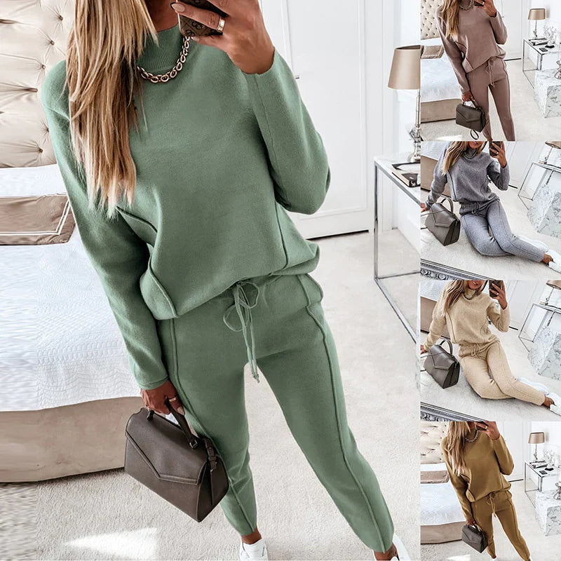 tweedelig vrije tijd pak dames chic elegant comfortabel broek sweater hoge kraag touwtjes trainingspak joggingpak dames vrouwen