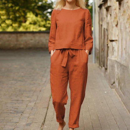 Model Draagt oranje Stijlvolle 2-Delige set Broek & Top dameskleding damesbroek shirt