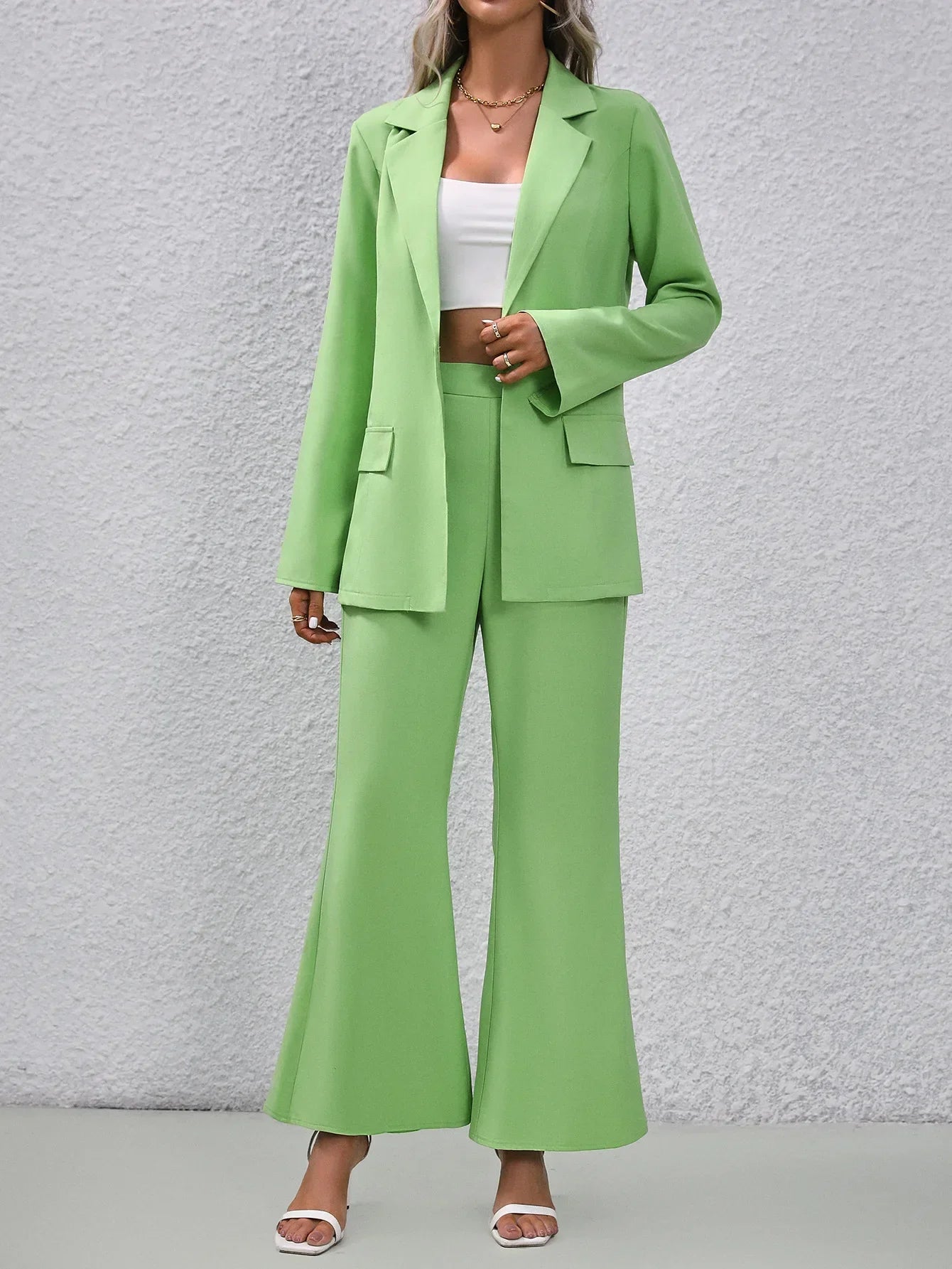 Damespak blazerset broek blazer groen hoge taille wijde pijpen zakken zomer lente 