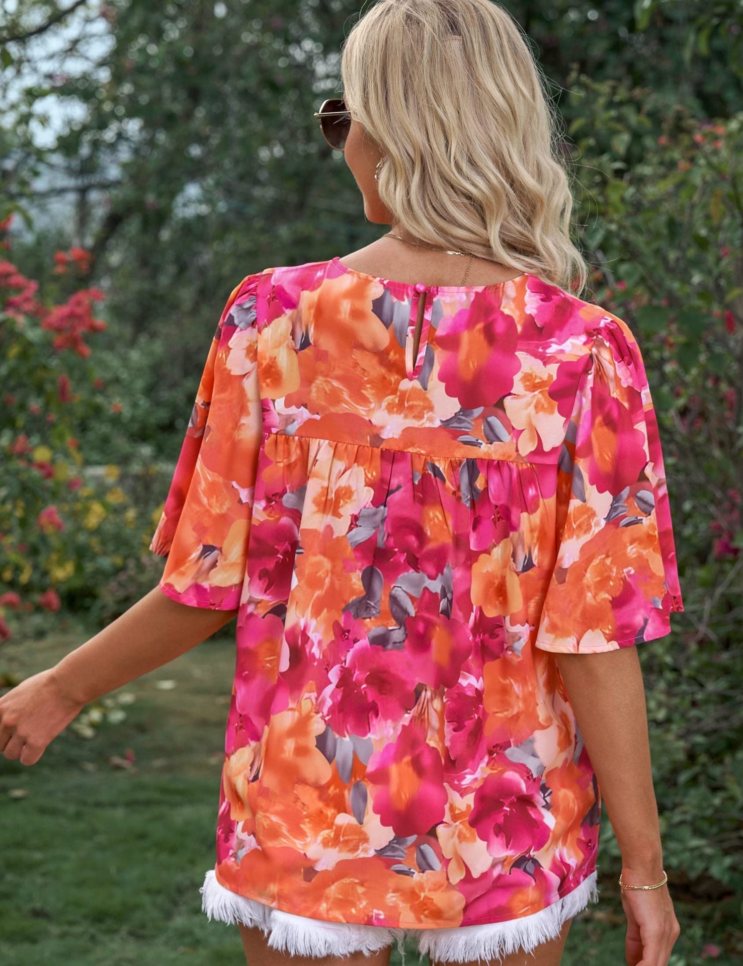 zomerse bloemenprint blouse korte mouwen oversized elegant comfortabel lente voorjaar roze oranje