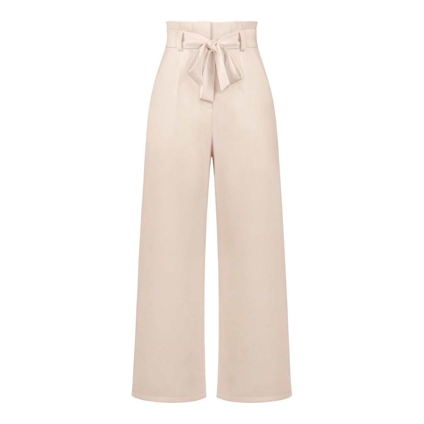 Model draagt soeple en lichte linnen broekpak wijde broekdames broek zomerse broek luchtig met elegante strik detail en hoge taille beige