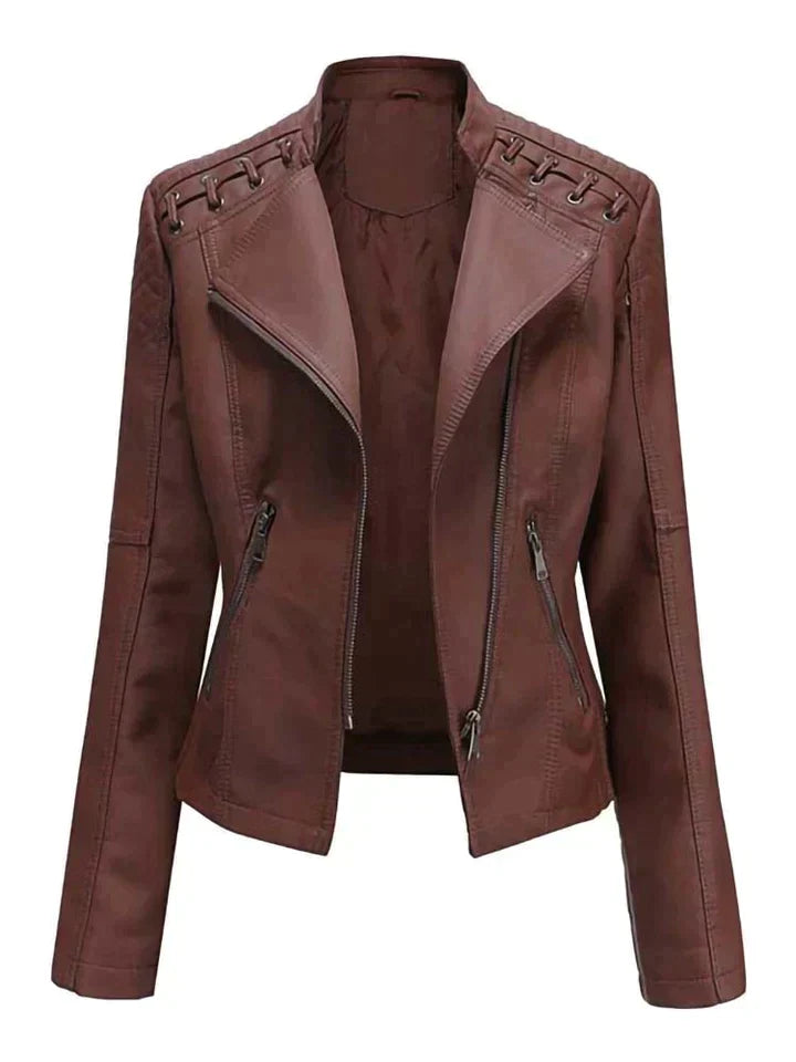 stoere leren motorjas voor dames cropped bikerjacket met ritssluiting en zakken met rits op de schouder gesloten touwtjes leren damesjas zomerjas voor vrouwen bruin