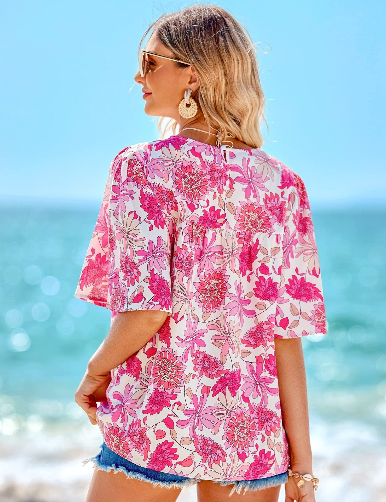 vzomerse bloemenprint blouse korte mouwen oversized elegant comfortabel lente voorjaar roze wit