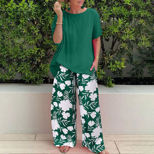 2-delige comfortabele set top broek bloemenprint shirt wijde pijpen oversized blouse zomer groen vrouwen dames