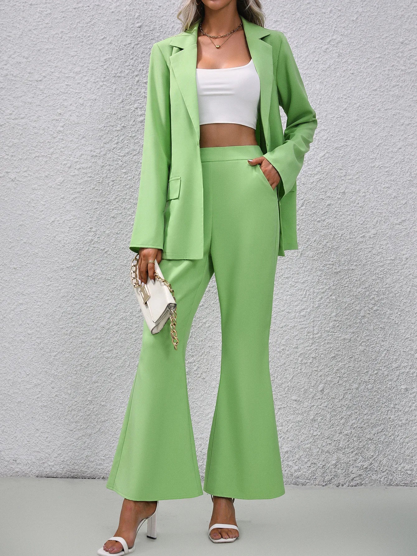 Damespak blazerset broek blazer groen hoge taille wijde pijpen zakken zomer lente