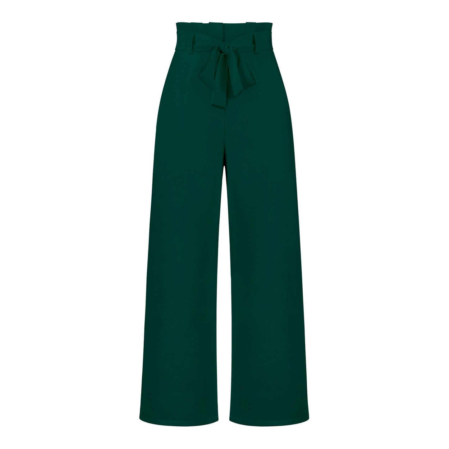 Model draagt soeple en lichte linnen broekpak wijde broekdames broek zomerse broek luchtig met elegante strik detail en hoge taille groen