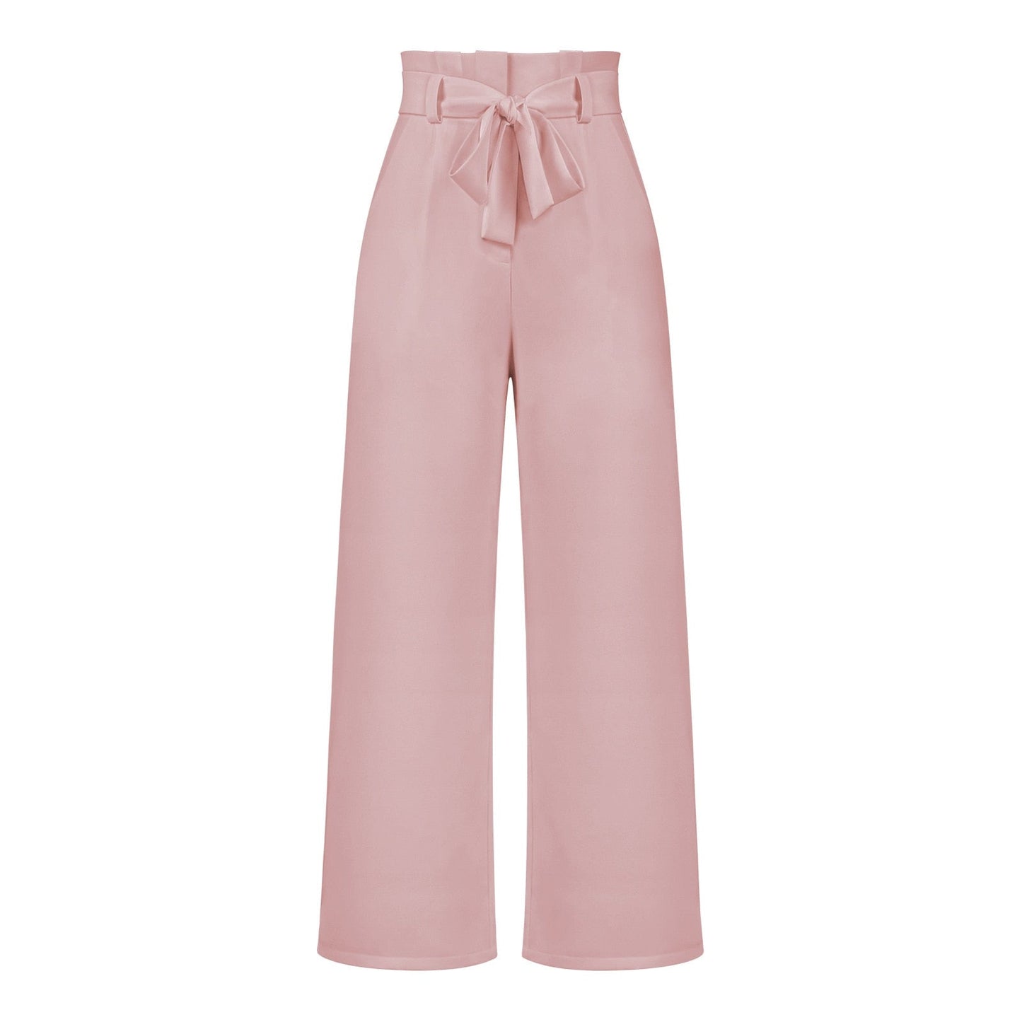 Model draagt soeple en lichte linnen broekpak wijde broekdames broek zomerse broek luchtig met elegante strik detail en hoge taille roze