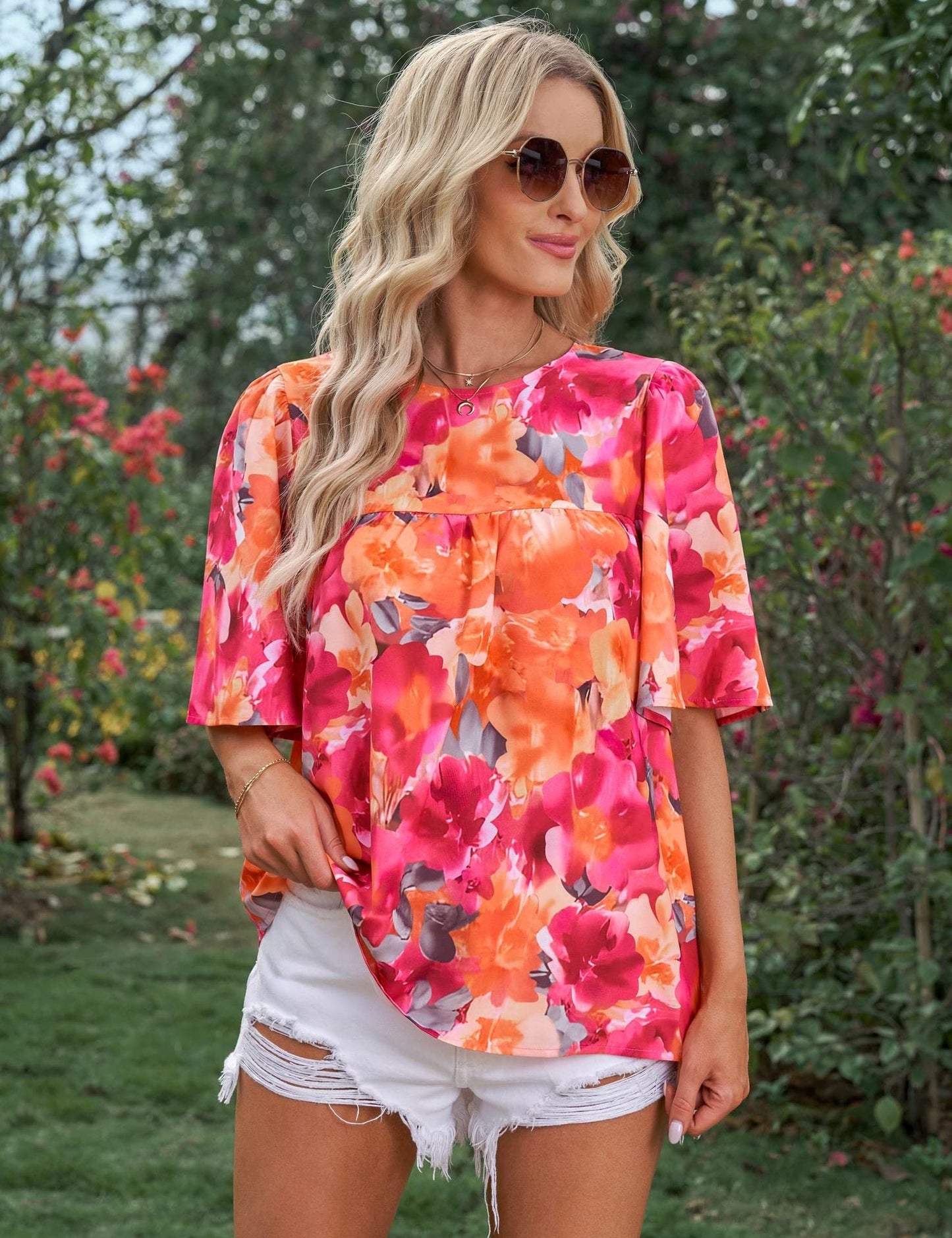 zomerse bloemenprint blouse korte mouwen oversized elegant comfortabel lente voorjaar roze oranje