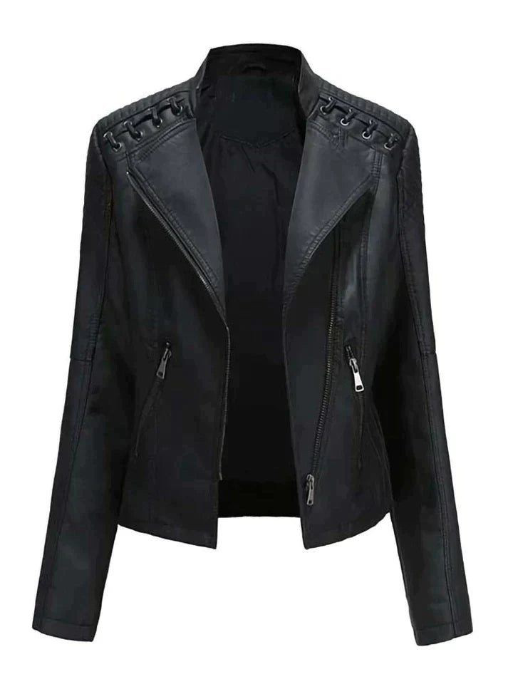  stoere leren motorjas voor dames cropped bikerjacket met ritssluiting en zakken met rits op de schouder gesloten touwtjes leren damesjas zomerjas voor vrouwen zwart