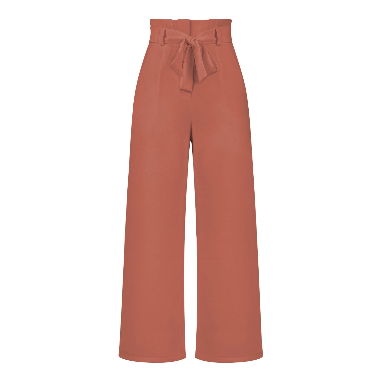 Model draagt soeple en lichte linnen broekpak wijde broekdames broek zomerse broek luchtig met elegante strik detail en hoge taille oranje