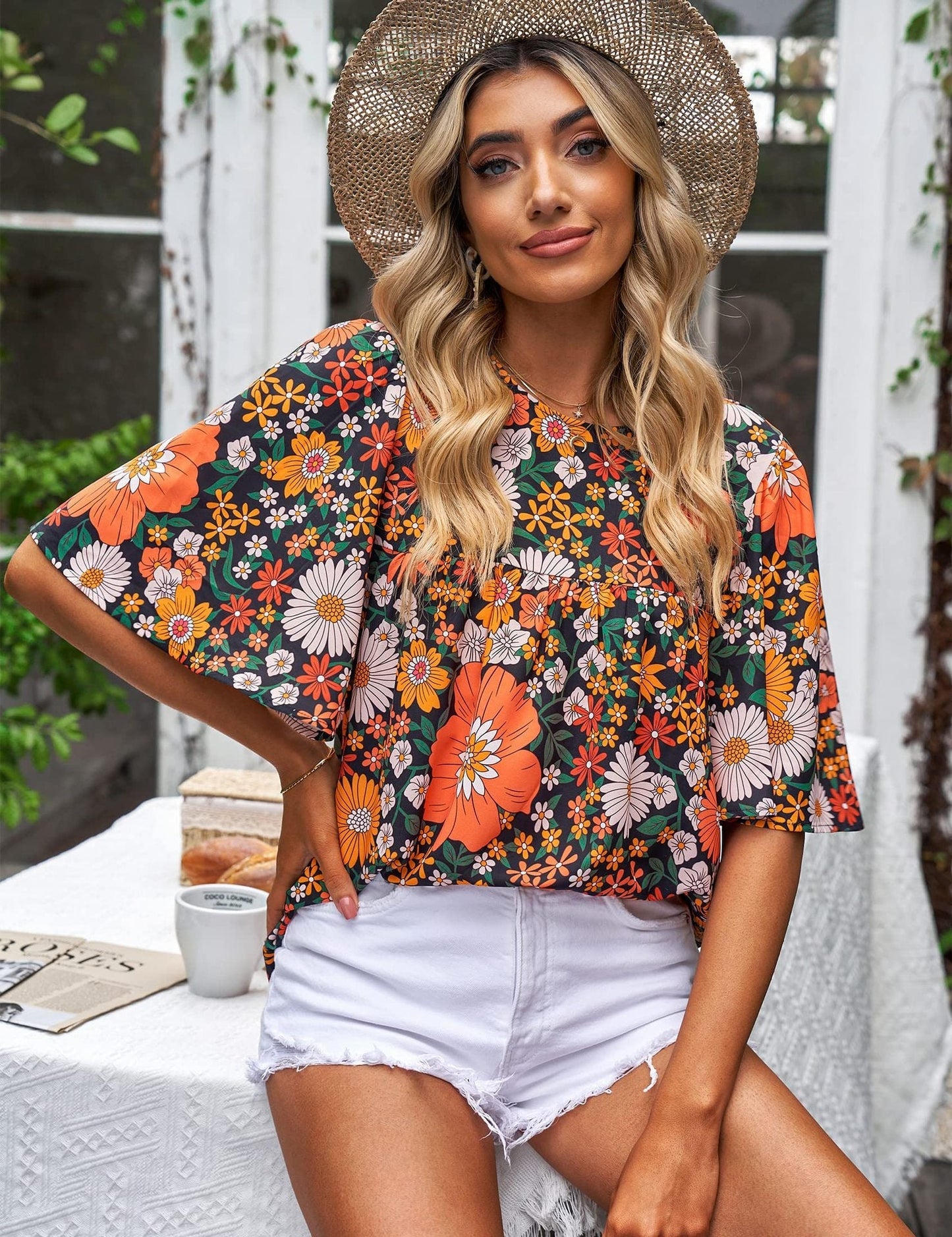 zomerse bloemenprint blouse korte mouwen oversized elegant comfortabel lente voorjaar groen oranje