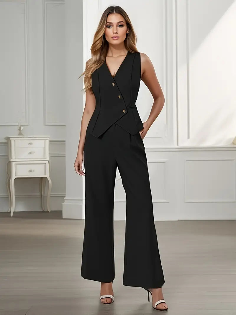 Elegante Mouwloze Blazer en Wijde Pijpen Broek Set