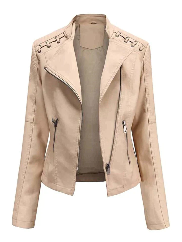 stoere leren motorjas voor dames cropped bikerjacket met ritssluiting en zakken met rits op de schouder gesloten touwtjes leren damesjas zomerjas voor vrouwen  beige