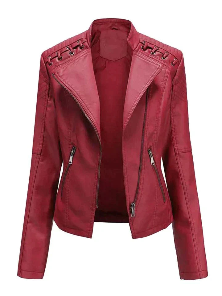 stoere leren motorjas voor dames cropped bikerjacket met ritssluiting en zakken met rits op de schouder gesloten touwtjes leren damesjas zomerjas voor vrouwen  rood