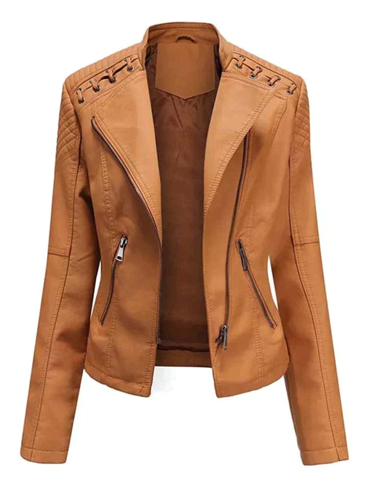 stoere leren motorjas voor dames cropped bikerjacket met ritssluiting en zakken met rits op de schouder gesloten touwtjes leren damesjas zomerjas voor vrouwen geel