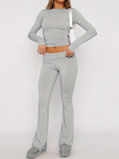 CHAVELI - Comfortabele 2-Delige Flare Set Jumpsuit. damesset dameskleding grijs 