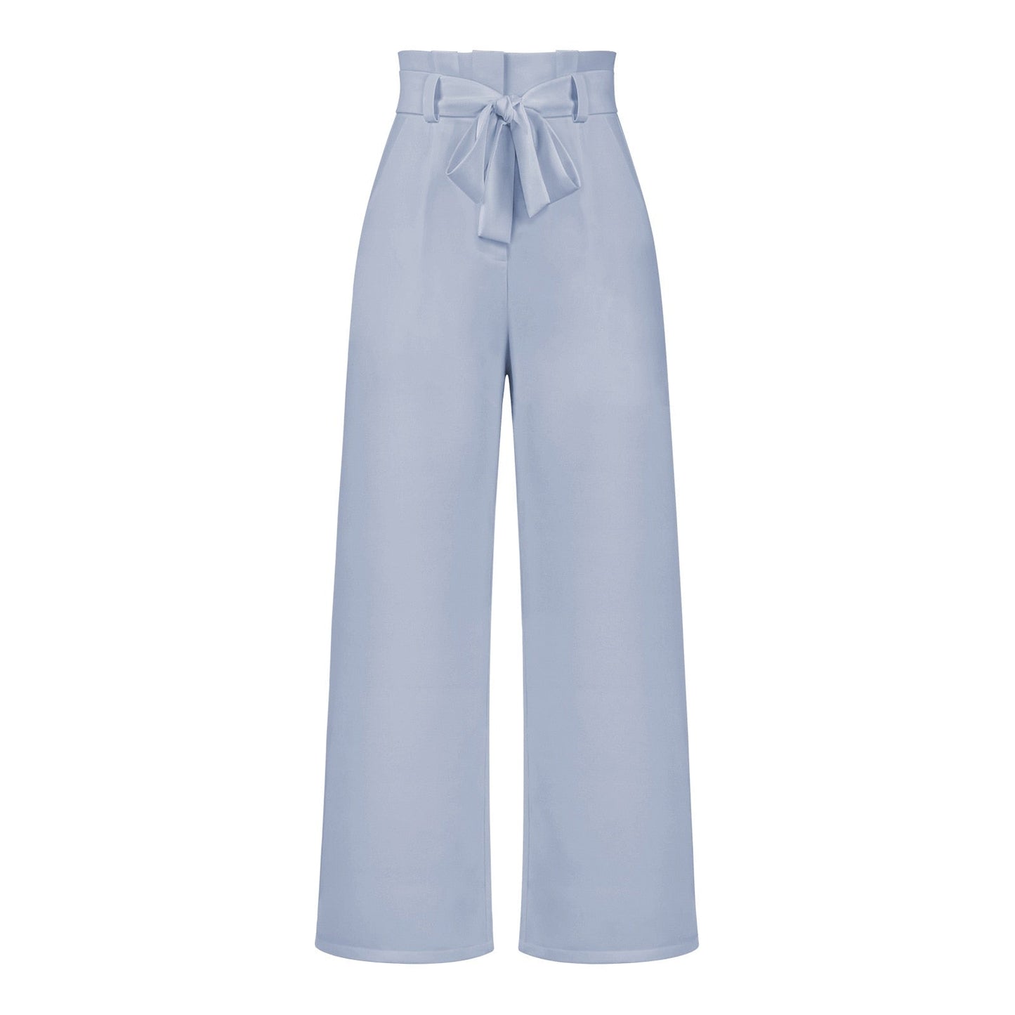 Model draagt soeple en lichte linnen broekpak wijde broekdames broek zomerse broek luchtig met elegante strik detail en hoge taille licht blauw