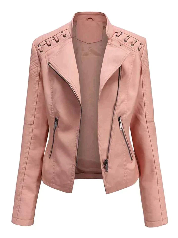 stoere leren motorjas voor dames cropped bikerjacket met ritssluiting en zakken met rits op de schouder gesloten touwtjes leren damesjas zomerjas voor vrouwen roze