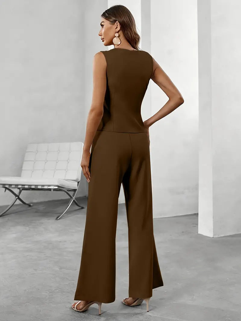 Elegante Mouwloze Blazer en Wijde Pijpen Broek Set