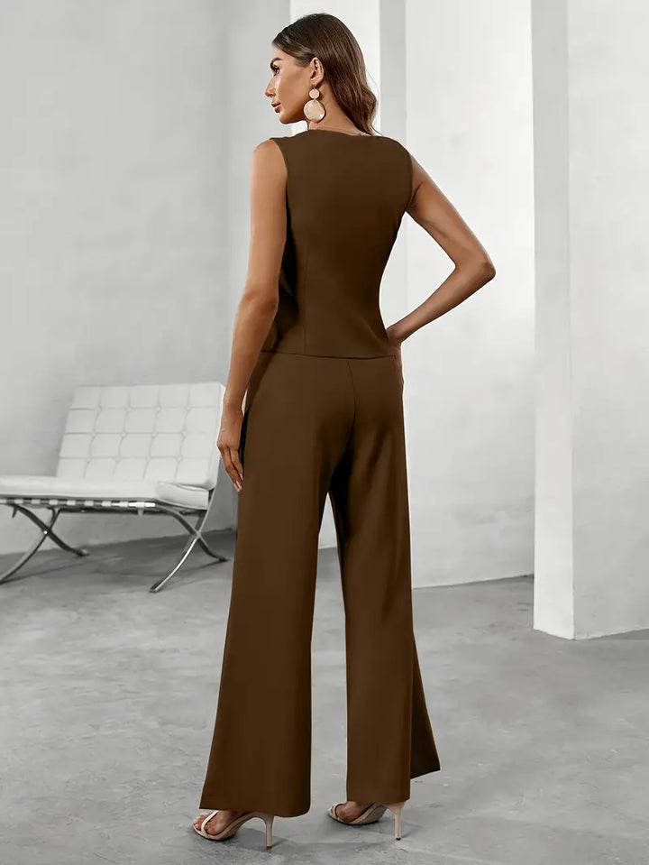 Elegante Mouwloze Blazer en Wijde Pijpen Broek Set