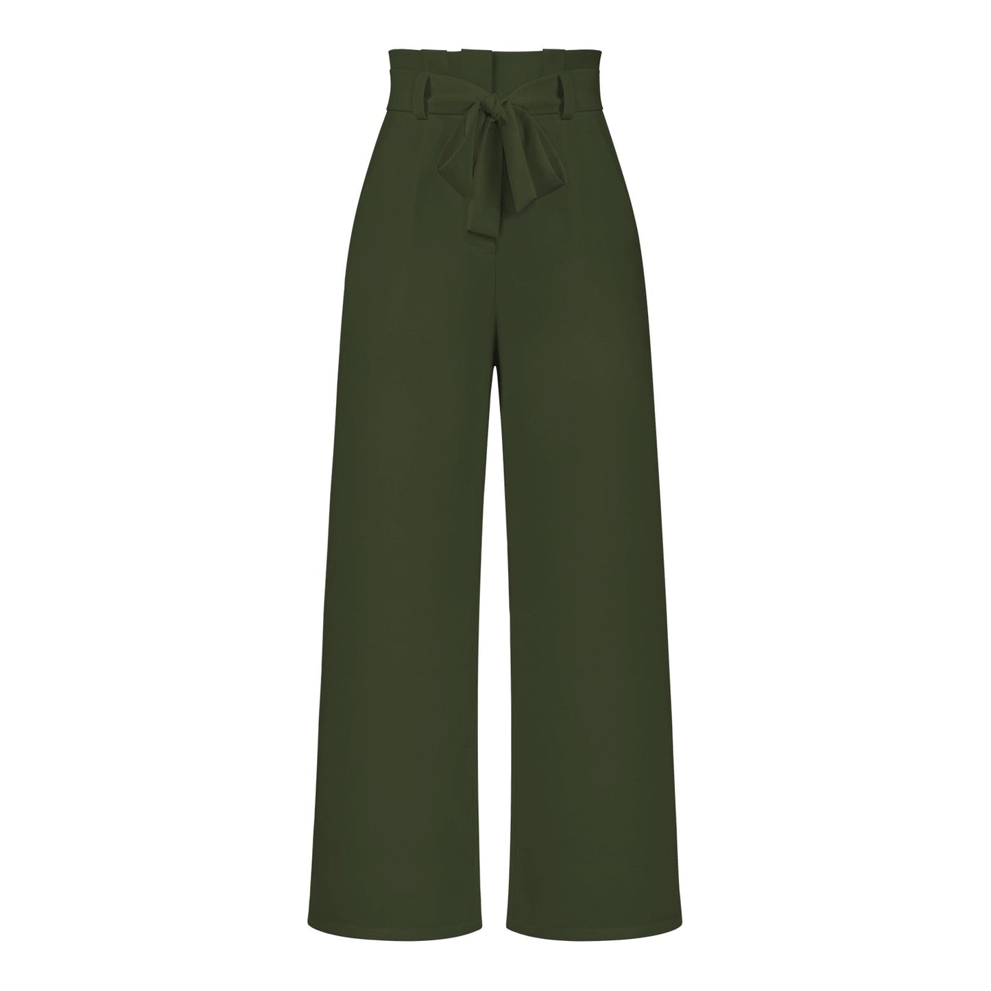 Model draagt soeple en lichte linnen broekpak wijde broekdames broek zomerse broek luchtig met elegante strik detail en hoge taille licht groen