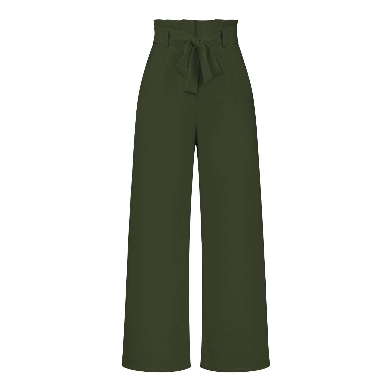 Model draagt soeple en lichte linnen broekpak wijde broekdames broek zomerse broek luchtig met elegante strik detail en hoge taille licht groen