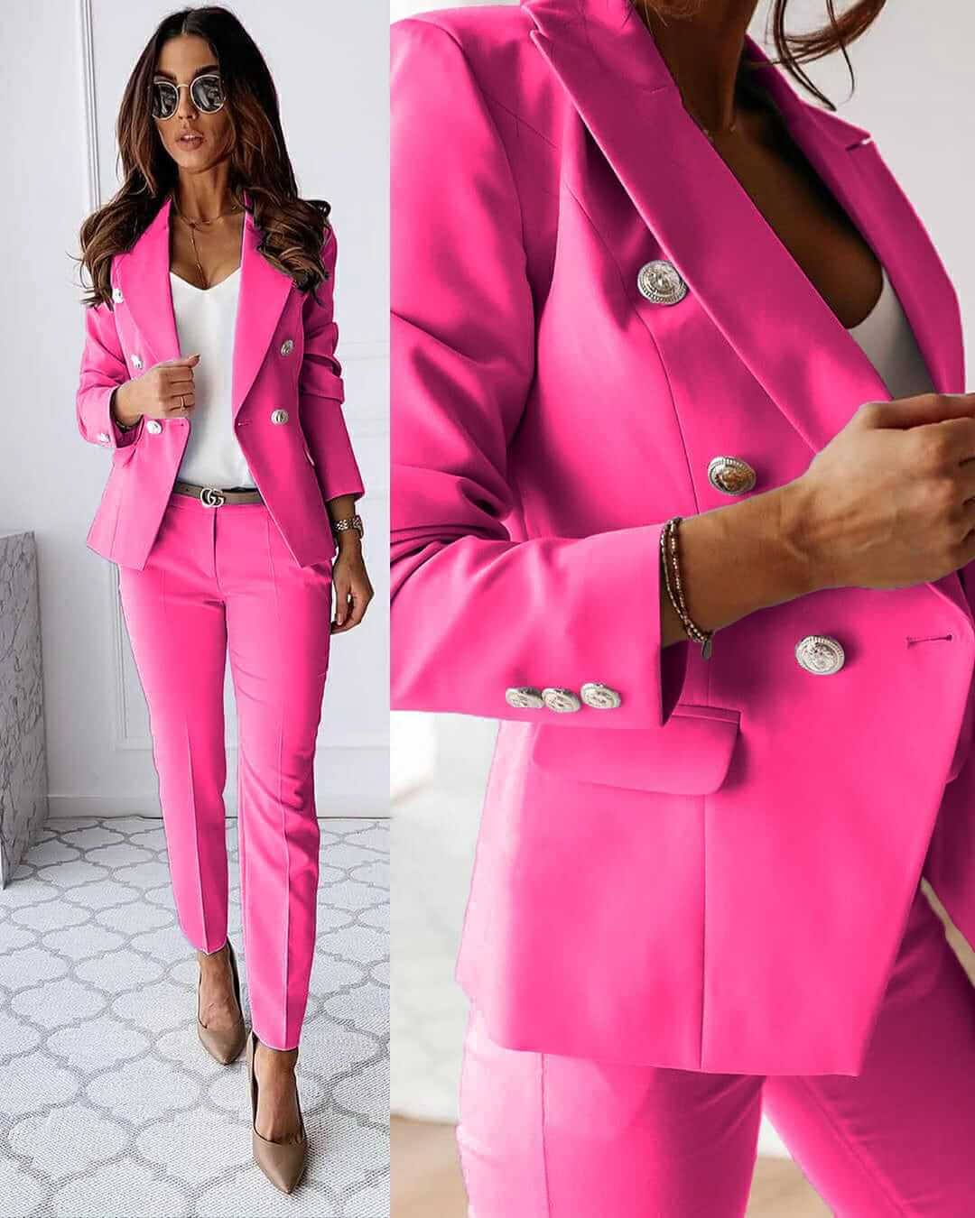 Elegant 2-Delig Damespak Bestaande uit een Blazer en Broek roze