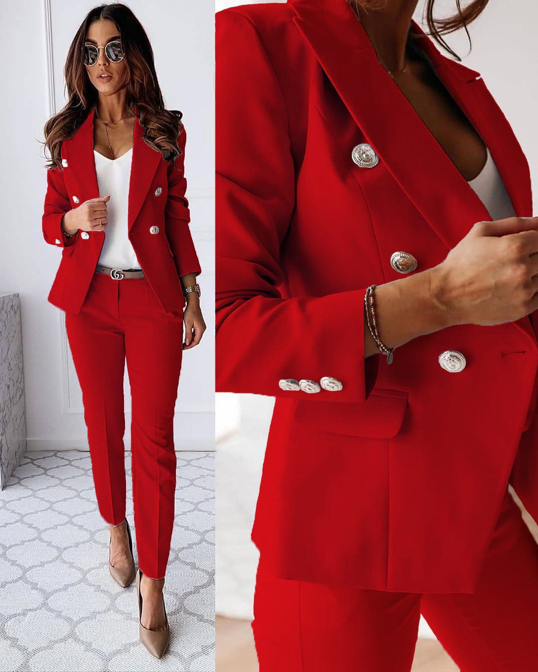 Elegant 2-Delig Damespak Bestaande uit een Blazer en Broek rood