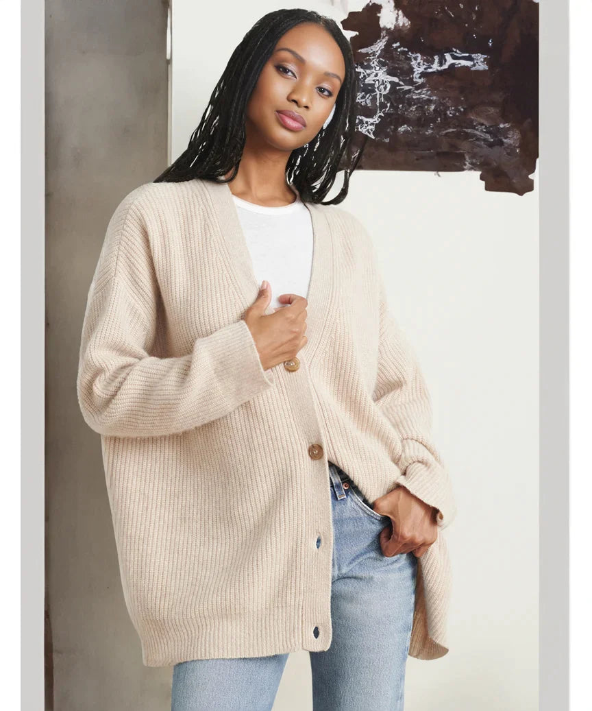 CHAVELI- Stijlvolle Kasjmir Cardigan Damesvest met knopen oversized beige