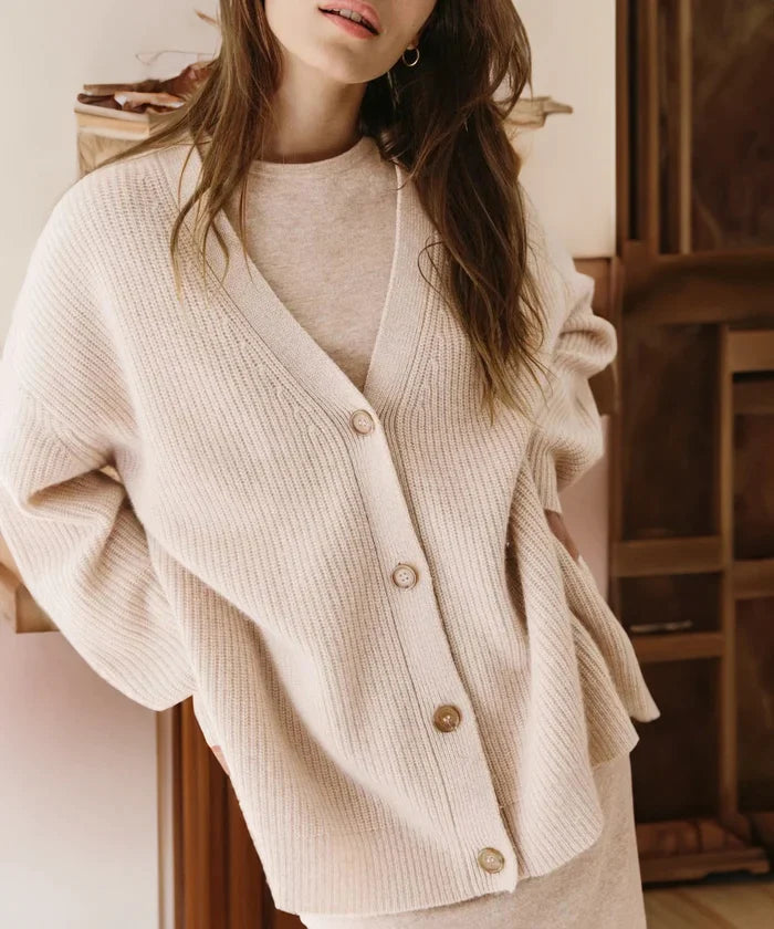 CHAVELI- Stijlvolle Kasjmir Cardigan Damesvest met knopen oversized beige