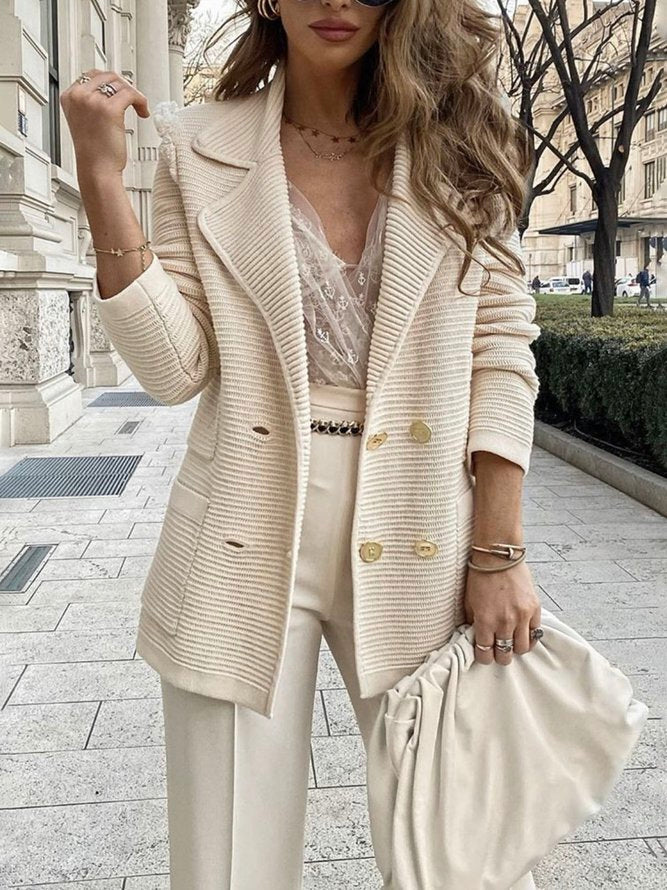 Elegante Beige Blazer Dames Met goude knopen voor de lente strepen