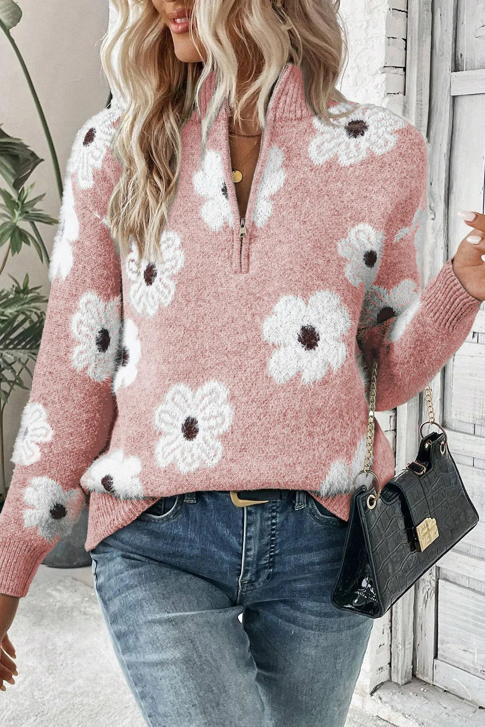 Gebloemde Sweater Met Halve Rits Voor Dames