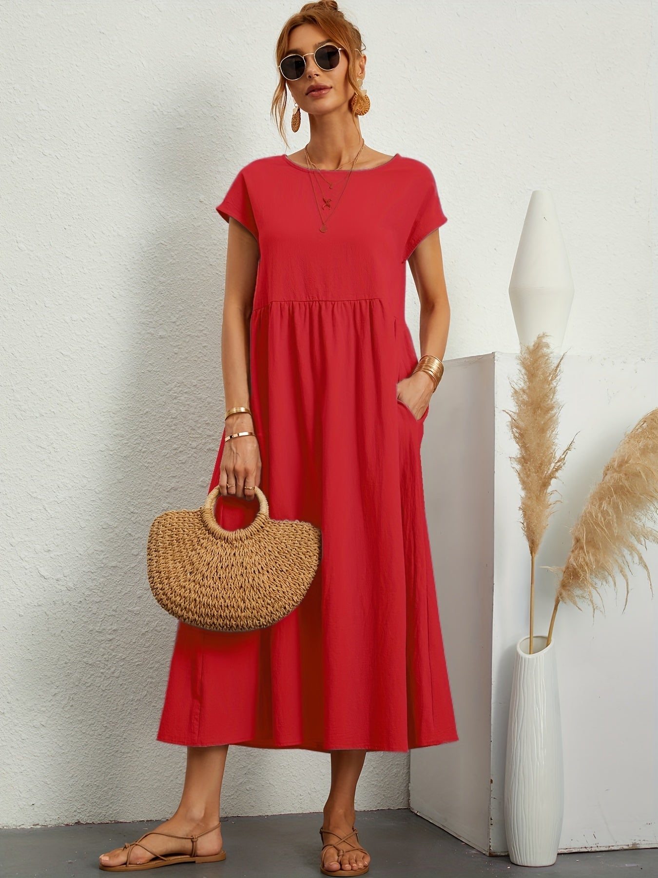 Elegante & Comfortabele Jurk met Losse Zakken voorjaar zomer rood