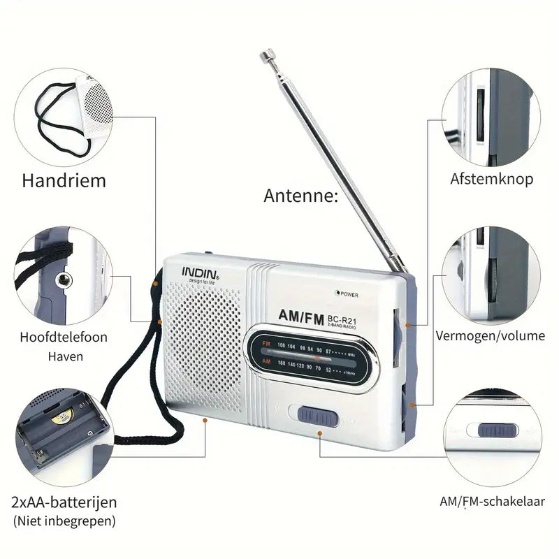 Compacte AM/FM Radio - Draagbaar met Stereo Luidspreker en Koptelefoonaansluiting Met telescopische antenne, batterij-aangedreven