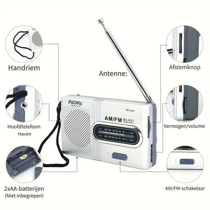 Compacte AM/FM Radio - Draagbaar met Stereo Luidspreker en Koptelefoonaansluiting Met telescopische antenne, batterij-aangedreven