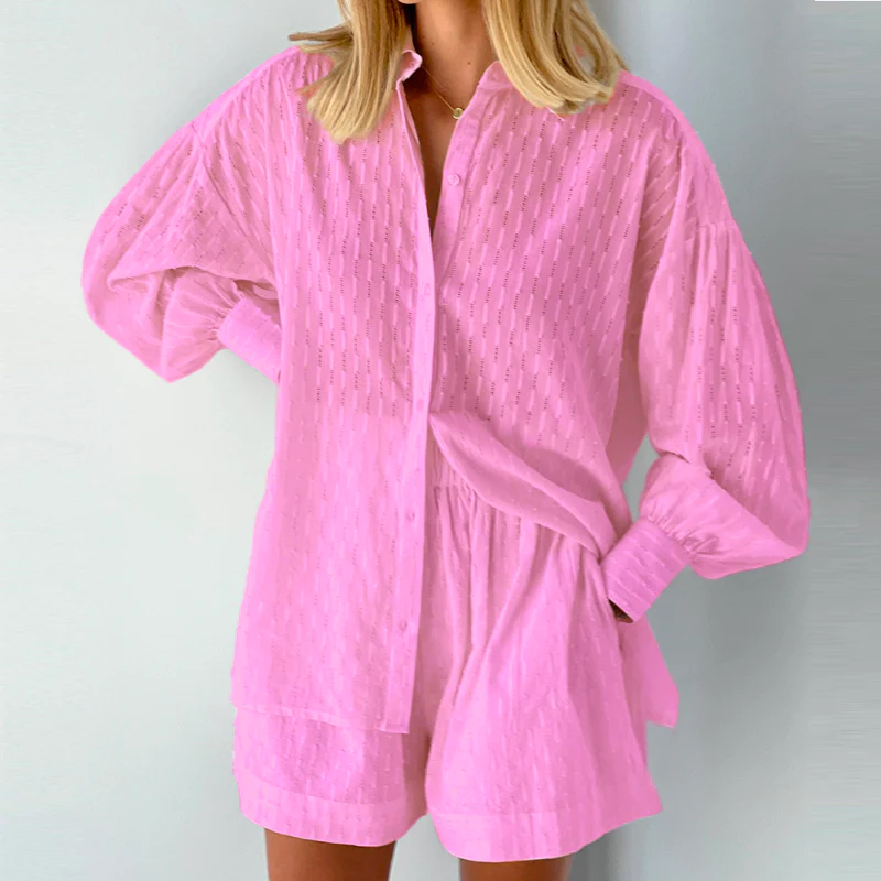 zomerse 2-delige set luchtige blouse broek wit patroon plofmouw knopen roze