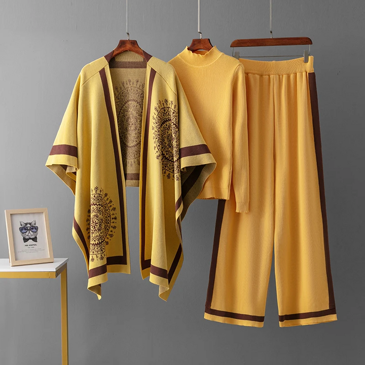 Comfortabele Loungewear Gebreide 3-Delige Set, Trui, Sjaal En Wijde Broek - Sarah